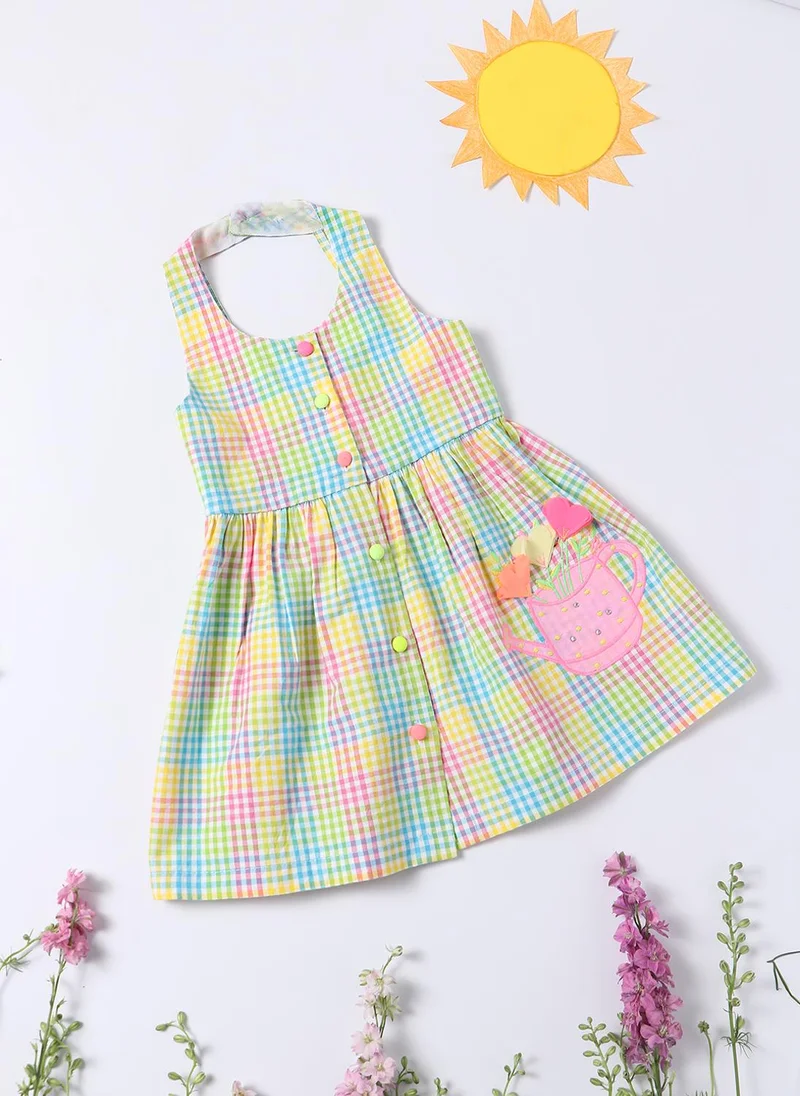 Nautinati Girls' 100% Cotton Chequered & Watering Can Embroidery Fit & Flare Dress with Floral Applique